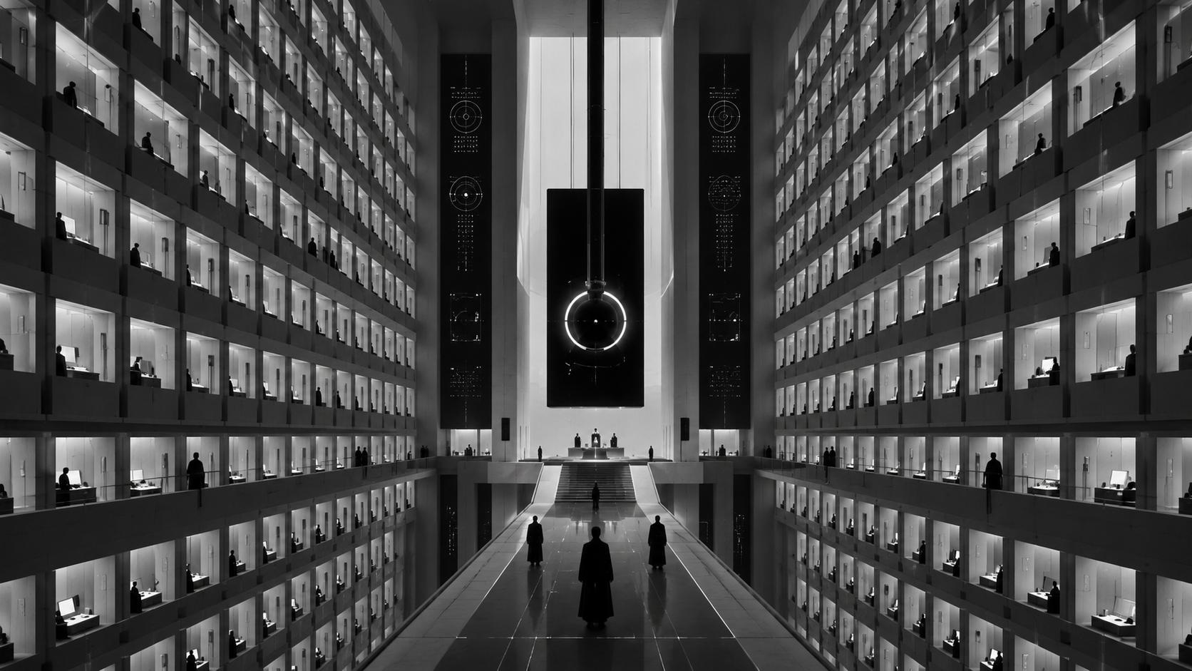 A vast symmetrical black-and-white atrium lined with hundreds of illuminated work cells occupied by solitary figures, centered on a processional walkway, stair, dais, and suspended circular machine.