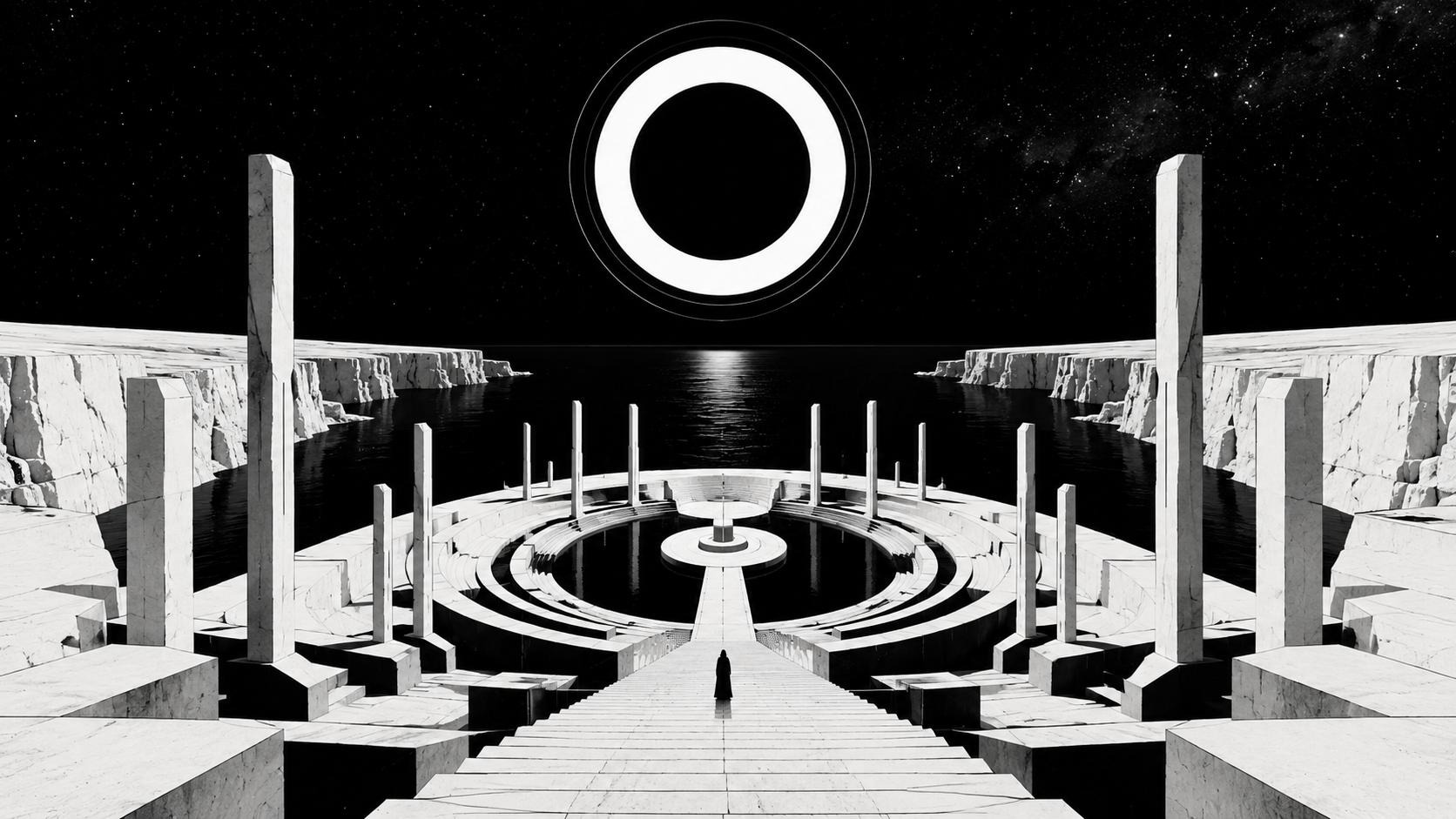 A monochrome ceremonial basin descending toward a circular court and a vast white-ringed aperture.