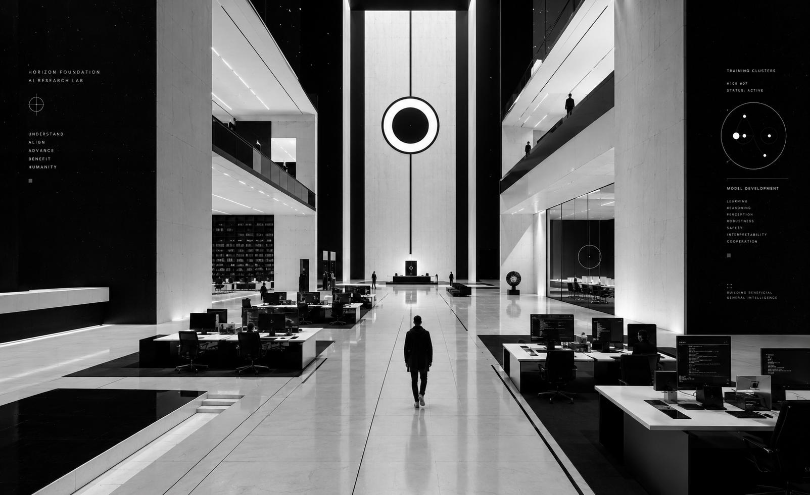 A monumental black-and-white AI research office with desks and monitors beneath a towering central computer wall bearing a circular aperture, flanked by balconies, technical diagrams, and people for scale.