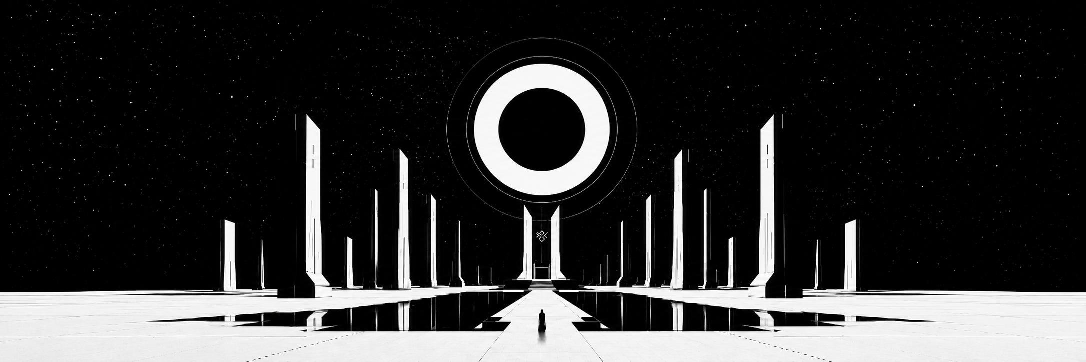 A wide monochrome ceremonial plaza beneath a starfield, with a white circular aperture suspended above mirrored monoliths and one tiny figure on the central path.