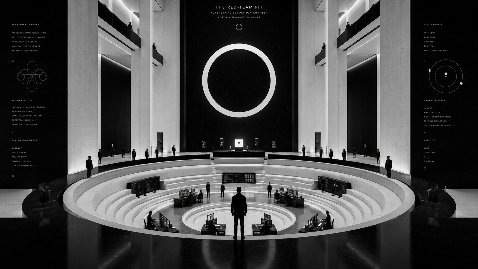 A monumental black-and-white adversarial-evaluation chamber built as a circular amphitheater, with red-team operators at terminals, observers on balconies, doctrine walls listing behavioral axioms and threat models, and a vast white ring above the verdict platform.