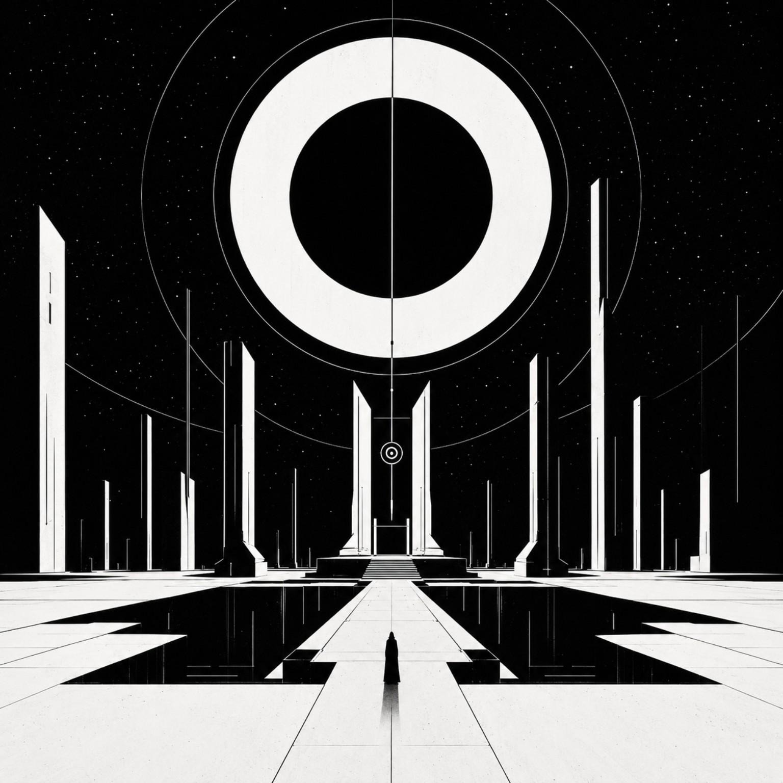 A square monochrome architectural study with one cloaked figure approaching a giant white ring whose black center is divided by a thin vertical line.